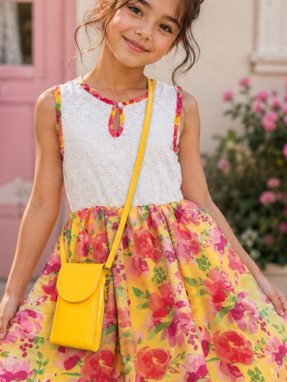 Real Love Girl's Sleeveless Lace Top Floral High-Low Dress & yellow purse